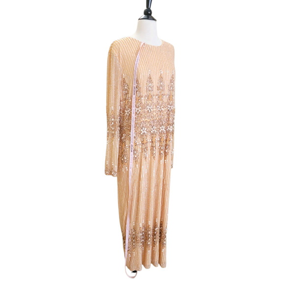 Mac Duggal 5576 Peach 18 Sequin Beaded Long Sleeve High Neck Midi Evening Dress - Picture 8 of 13